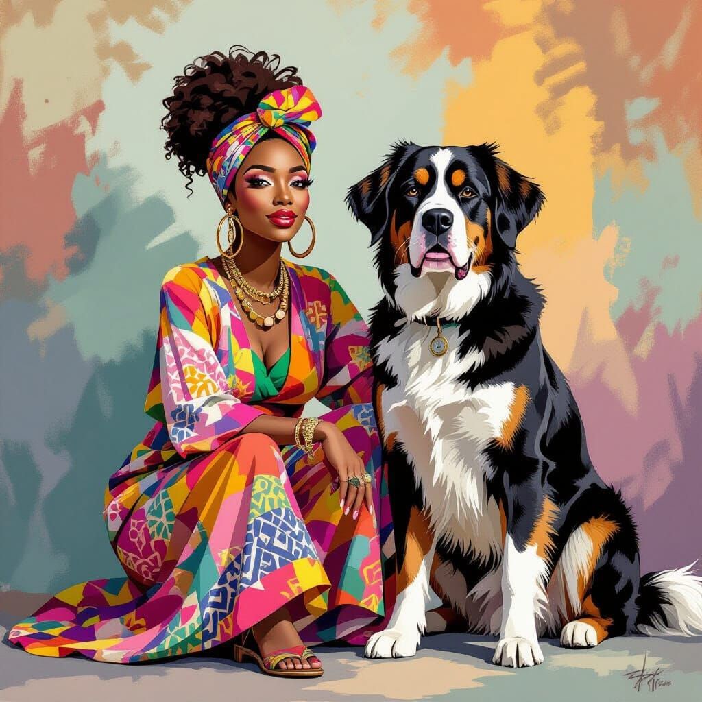 Woman and Mastiff in Expressive Digital Portrait