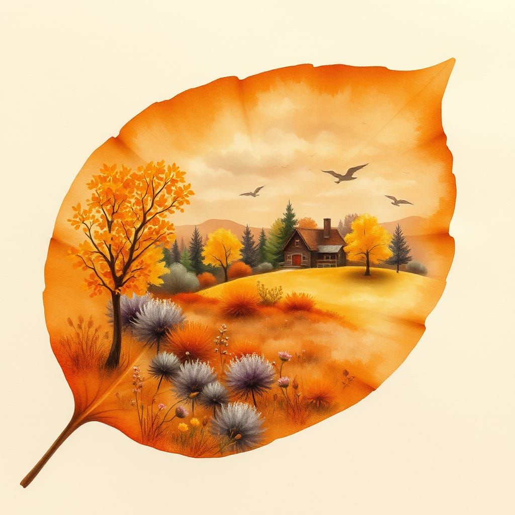Autumn Landscape on Watercolor Leaf, Impressionist Style