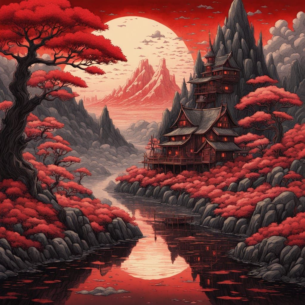 Surreal Dreamscape with Lilies in Charcoal and Ink