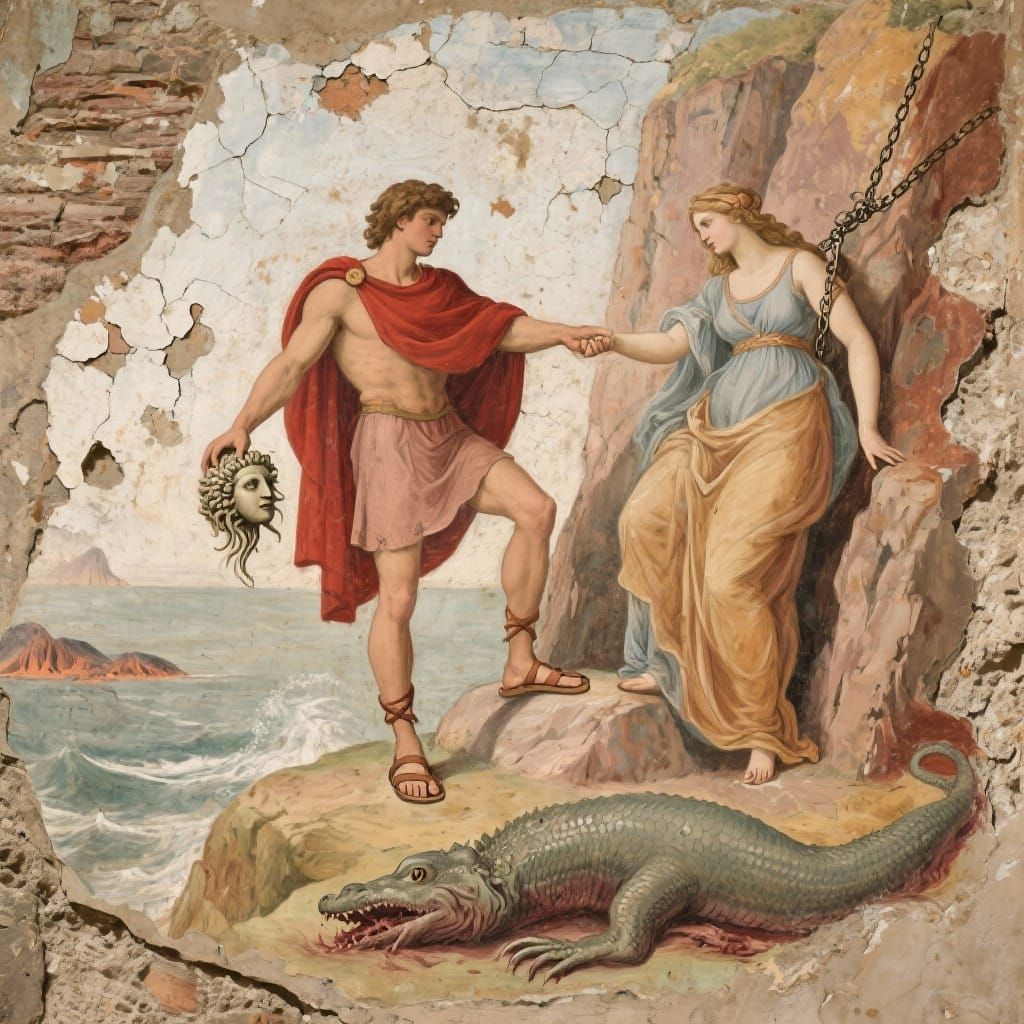 Perseus Rescues Andromeda in Roman Fresco Style