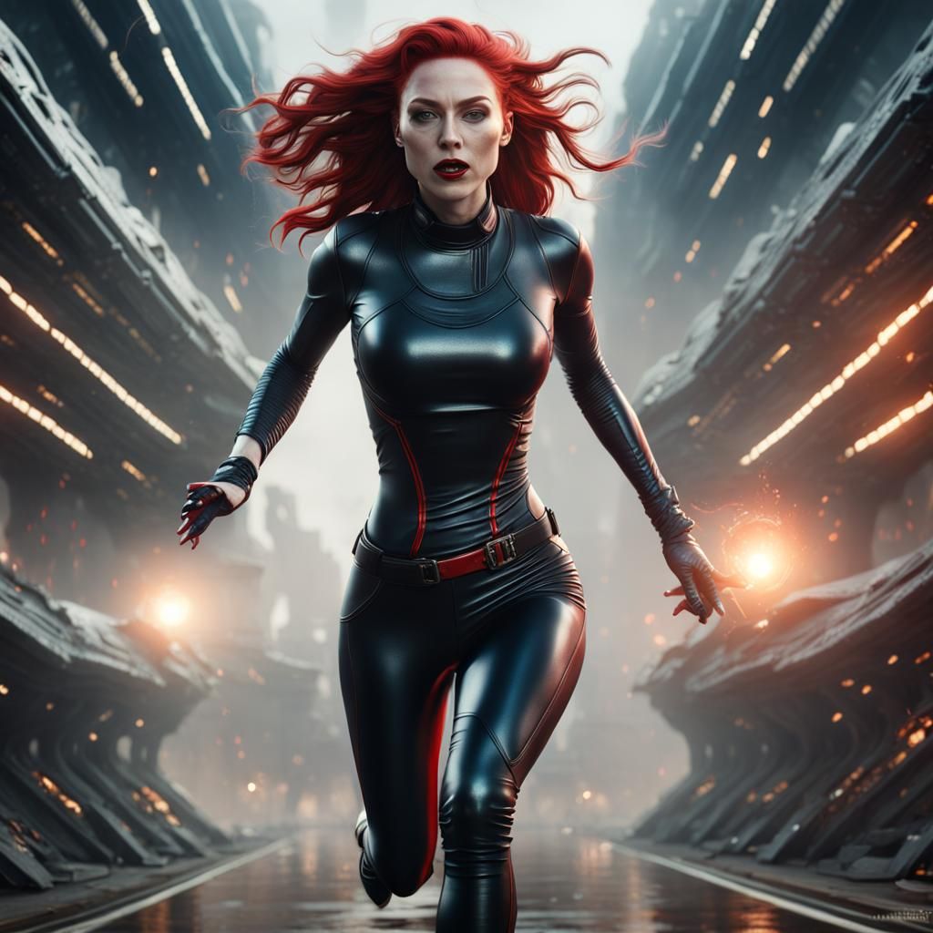 Redhead Running from Alien in Fantasy Art