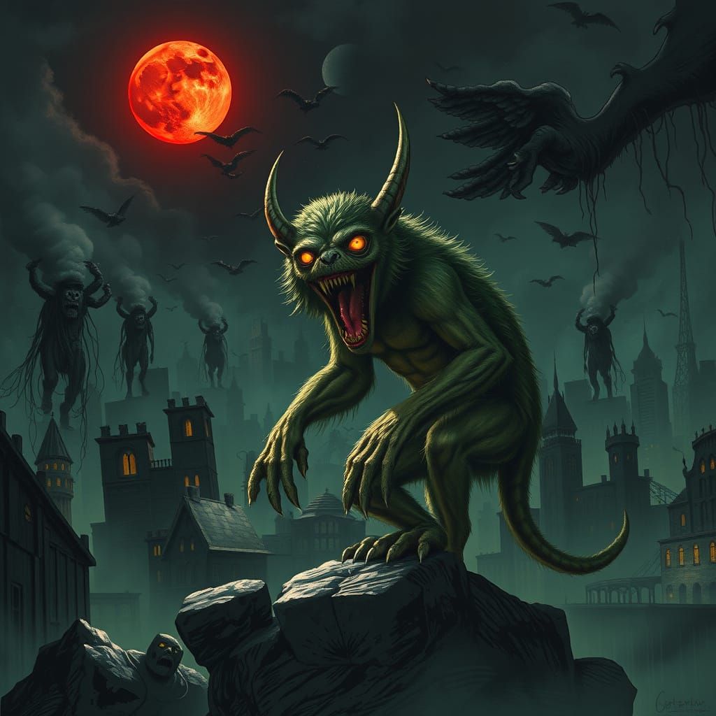 Chupacabra in Apocalyptic City Under Blood Moon