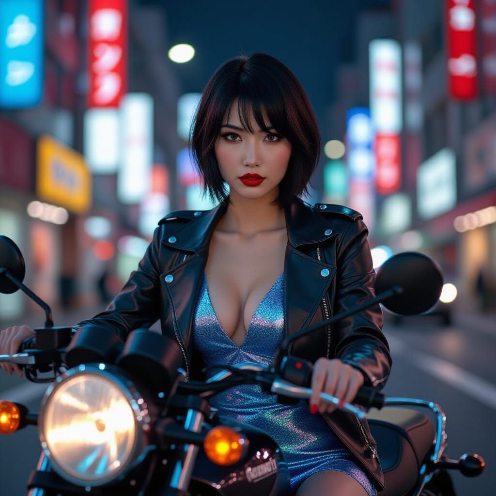 Confident Woman on Motorcycle in Hyperrealistic Tokyo Scene