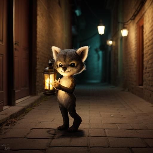 Furry Alien with Lantern in Dark Alley