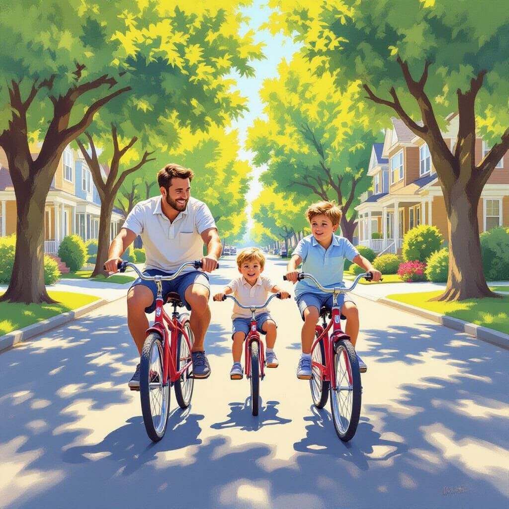 Father and Sons Bike Ride on Sunny Suburban Street