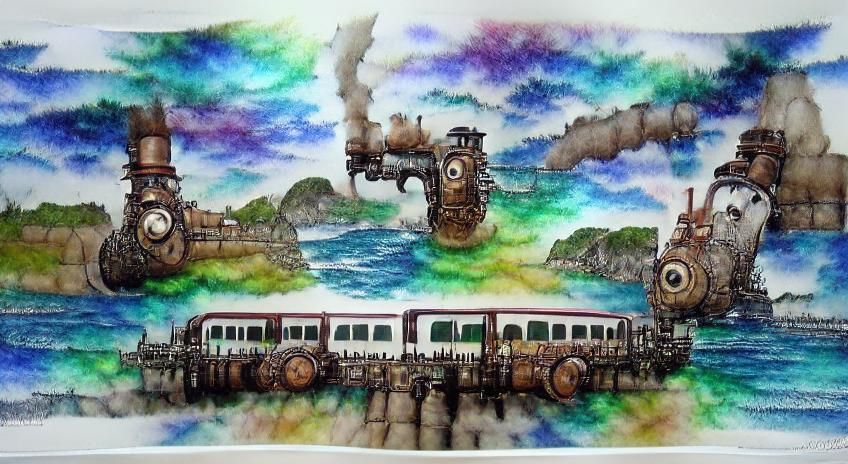 Seaside Train Journey in Anime Watercolor Style