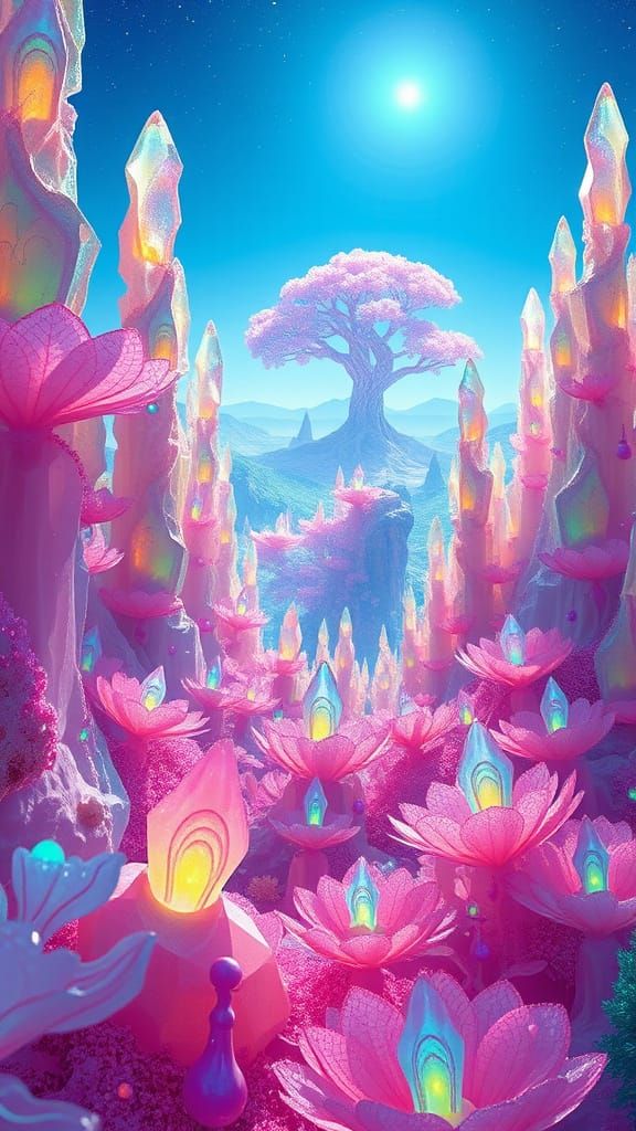 Surreal Alien Landscape with Glowing Crystals and Iridescent...