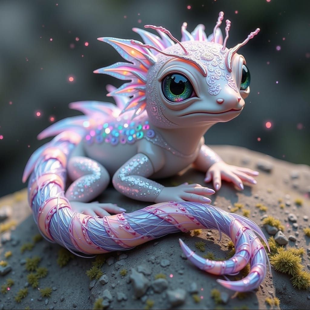 Whimsical Faerie Reptile in Enchanted Landscape
