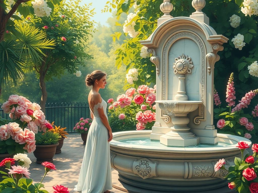 Elegant Woman in Garden Fountain: Impressionist Style