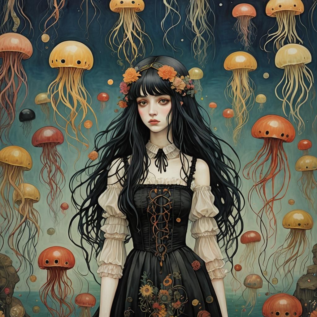 Emo Goth Anime Girl with Surreal Jellyfish