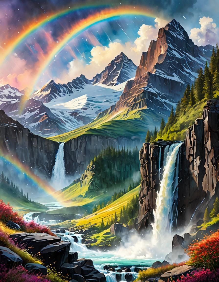 Watercolor Mountains with Waterfall and Rainbow