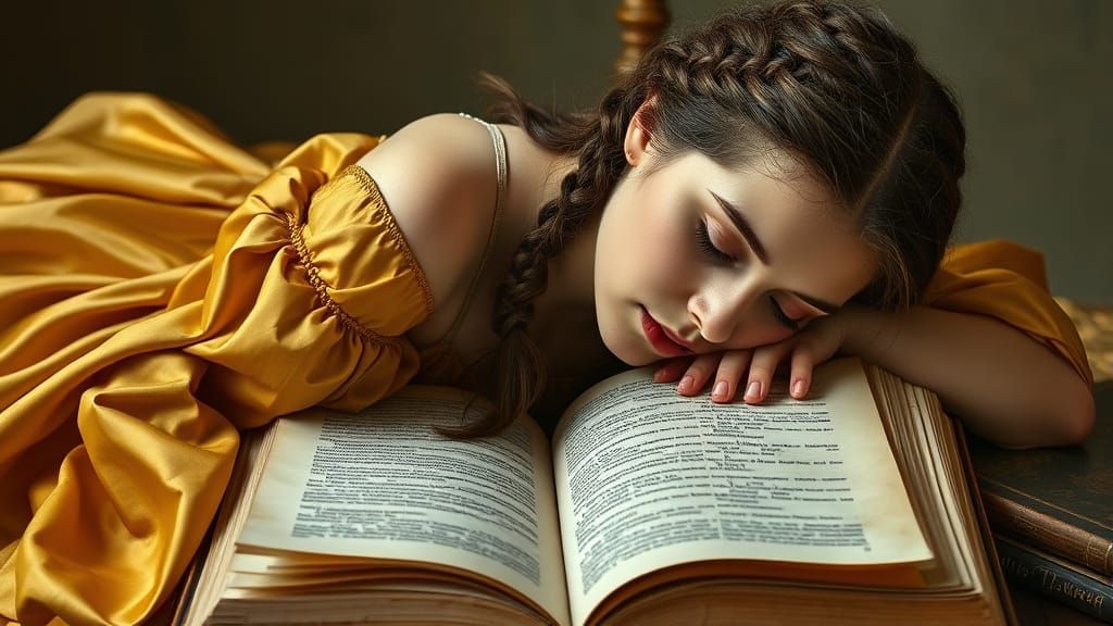 Renaissance Woman Resting on Book with Latin Text