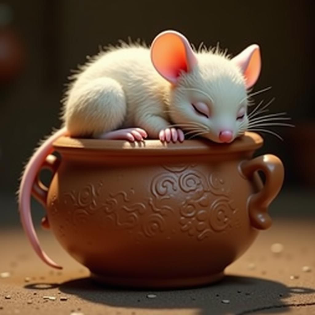 Adorable Tiny Mouse Sleeping on Ornate Pot