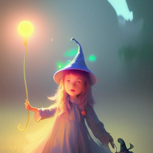 Opalescent Witch with Green Hat in Fantasycore Style
