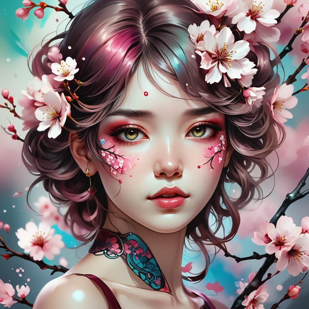 Alcohol Ink Cherry Blossoms Tattoo Portrait