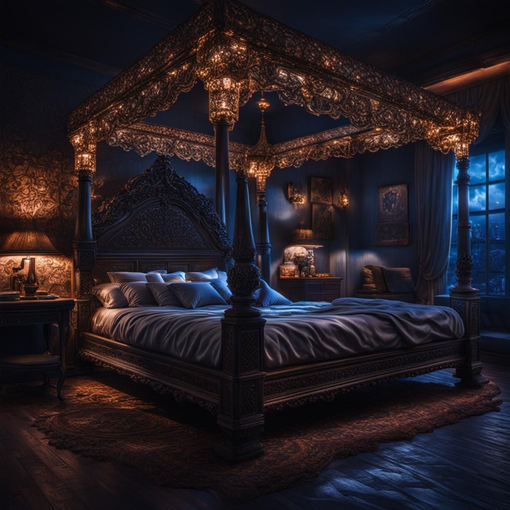 Hyperrealistic Night Scene: Woman in Bikini on Bed