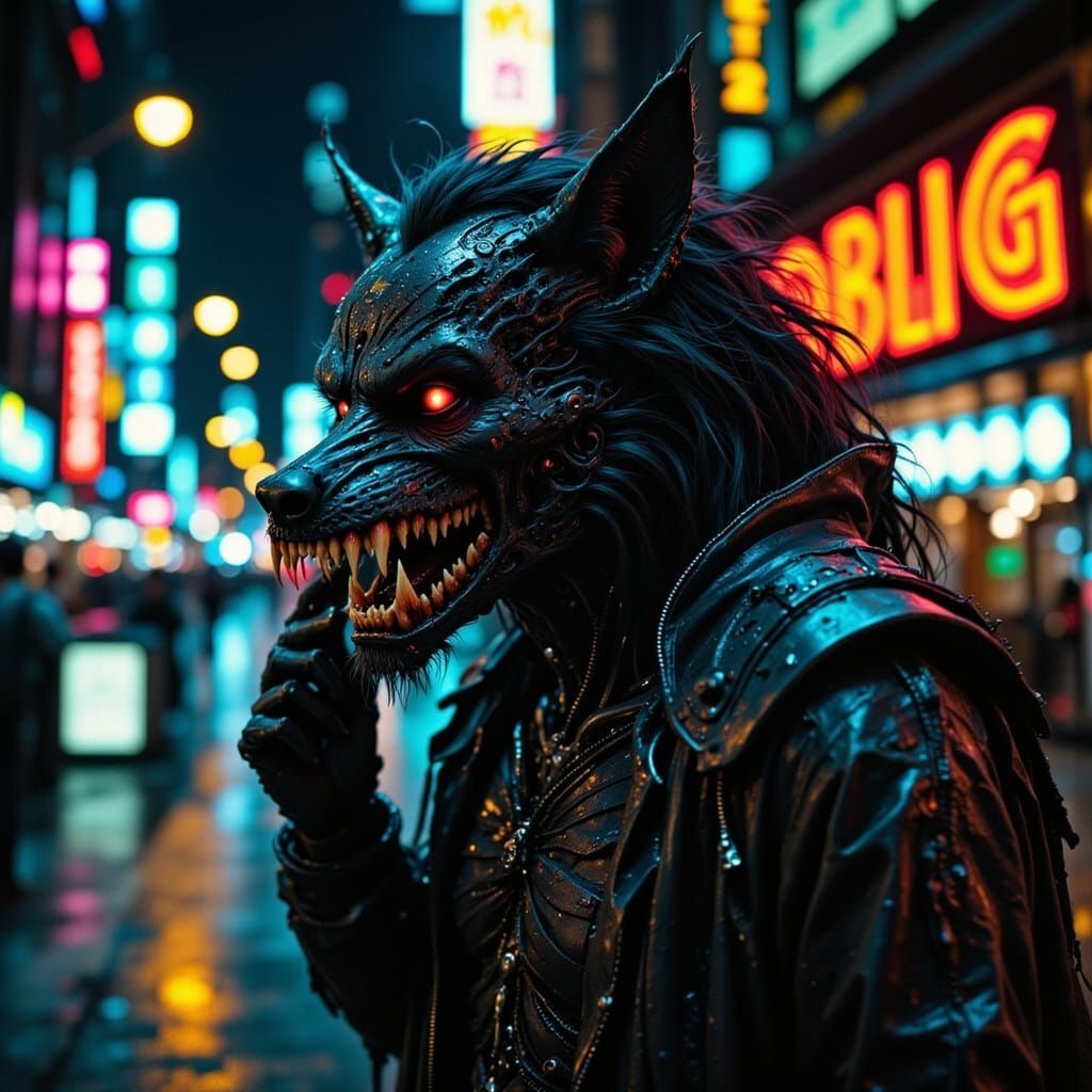 CyberWolf: Dark Futuristic Beast in Art Deco Metropolis