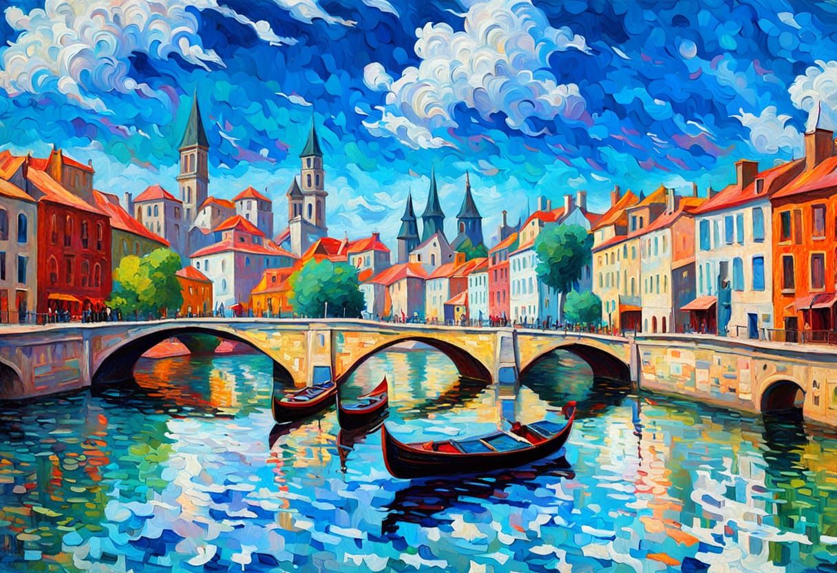 Dramatic River Scene in Expressionist Oil Painting Style