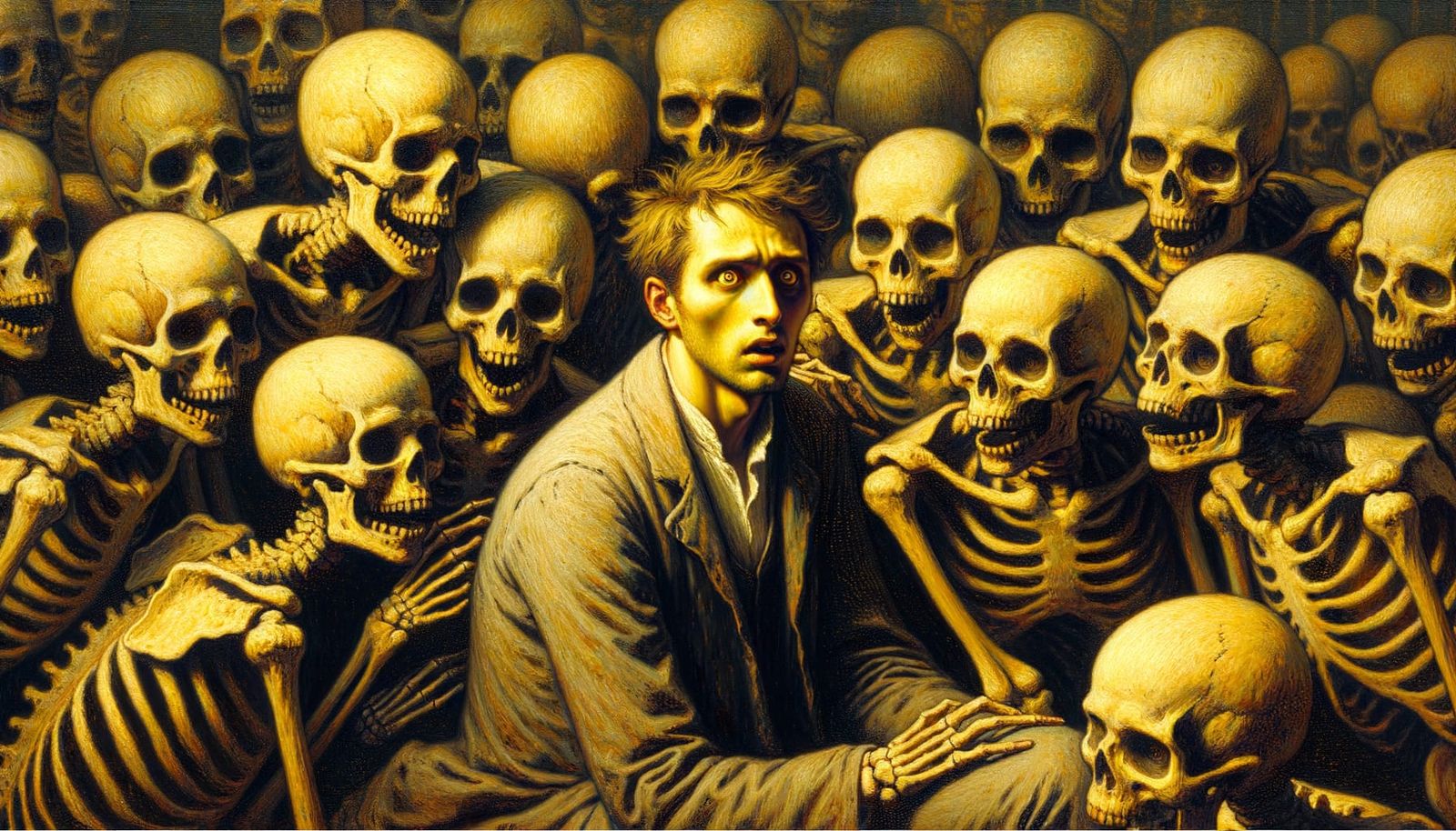 Man Trapped in Crowd of Yellow Skeletons in a Dark Romantici...