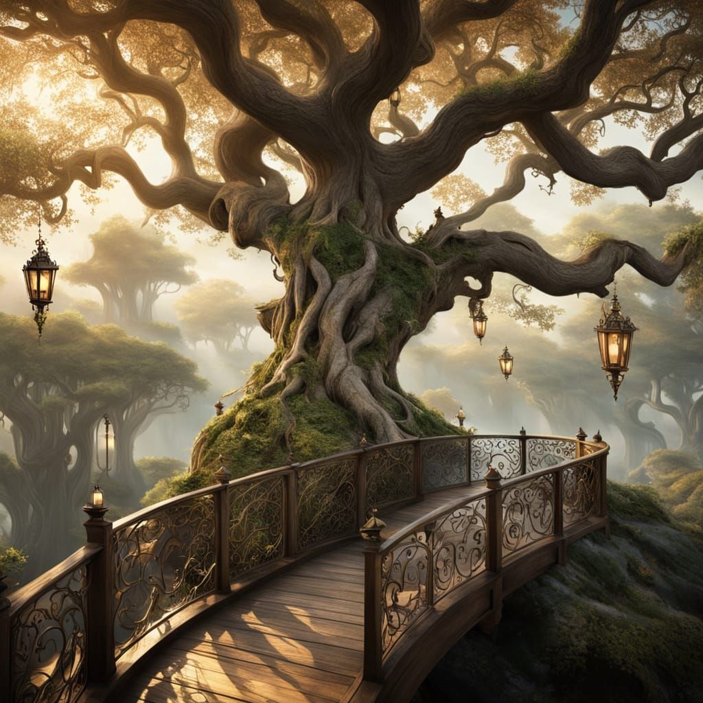 Ethereal Elven City in Gnarled Oak Tree