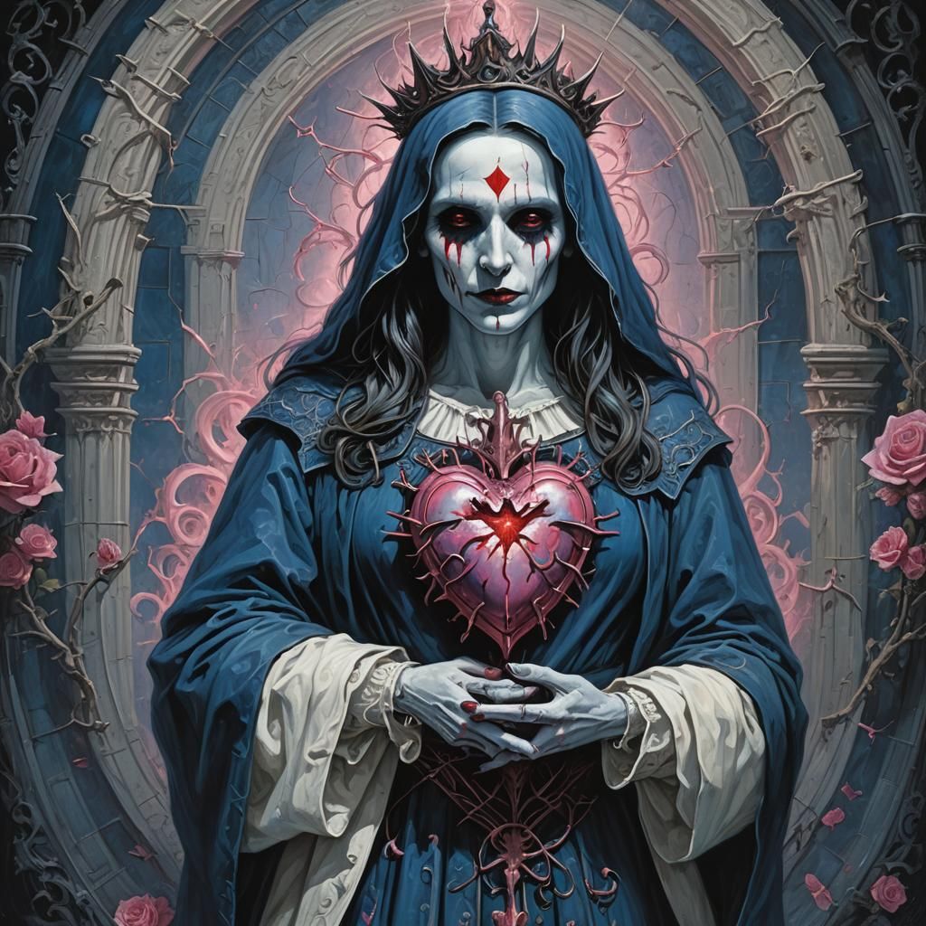 Dark Gothic Horror Sacred Heart in Blue and Pink