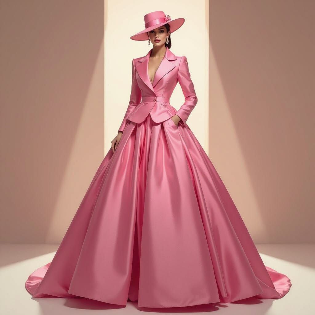 Pink Ballgown with Structured Jacket Top and Fedora