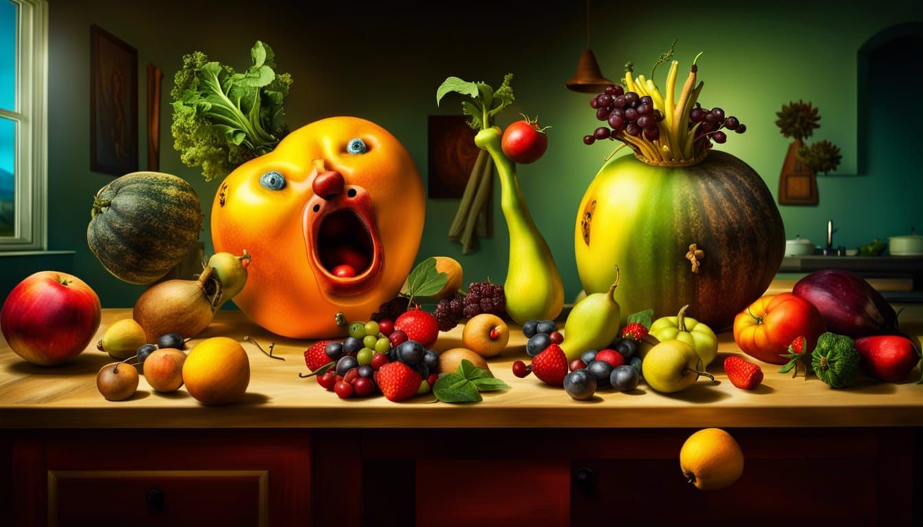 Surreal Fruit and Vegetable Fight on Kitchen Table