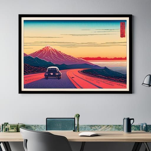 Highway Car in Ukiyo-e Vaporwave Style