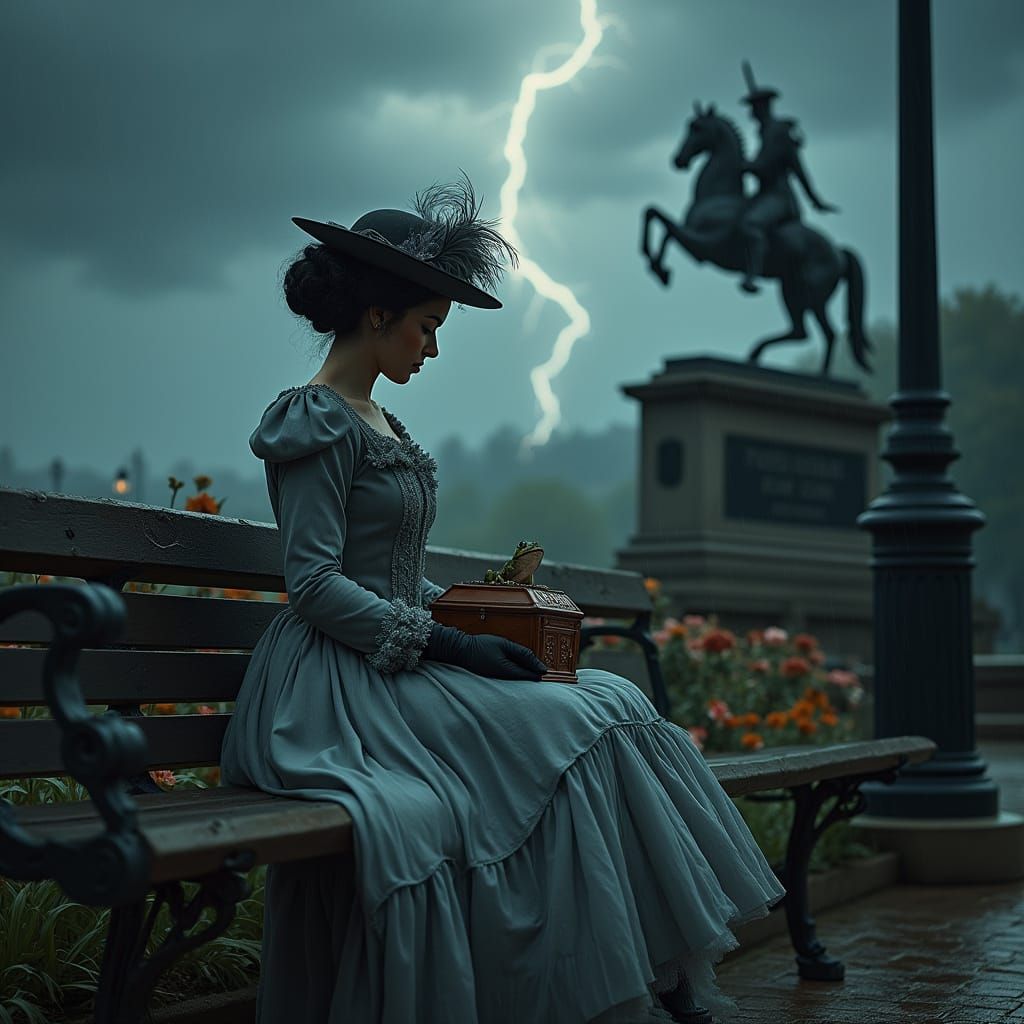 Victorian Lady with Frog in Rainy Park Scene