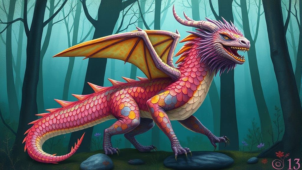 Iridescent Scaled Creature in Mystical Forest Art