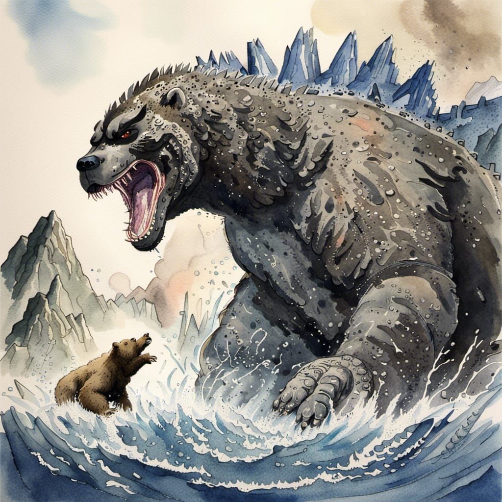Godzilla vs Bear: Hyperdetailed Watercolor Painting