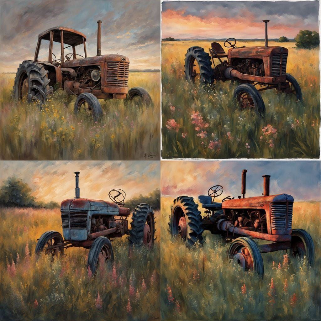 Old Tractor in Meadow at Dusk, Conte Crayon Art