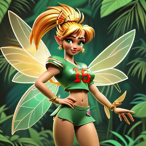 In the jungle, Tinkerbell with fairy wing wearing a Kansas C...