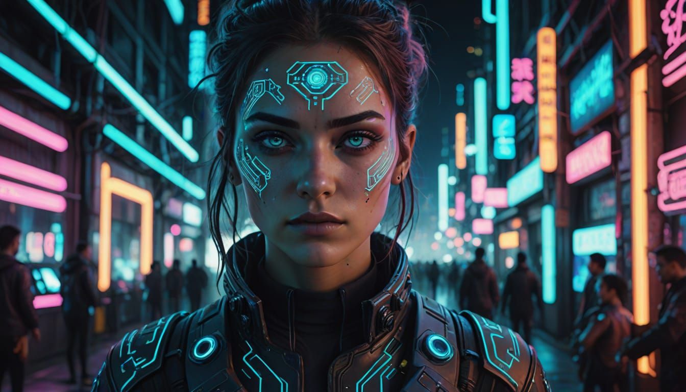 Cyberpunk Girl with Glowing Cybernetic Eyes in Neon City