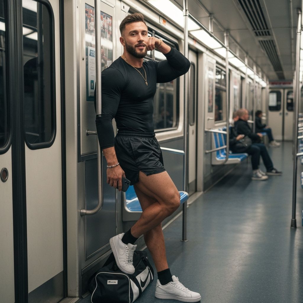 Muscular Man Posing in Subway Car Interior