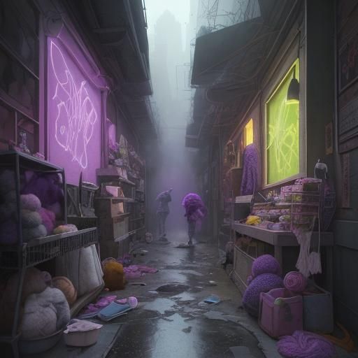 Graffiti Watercolour of Knitted Toys in Dark Fantasy