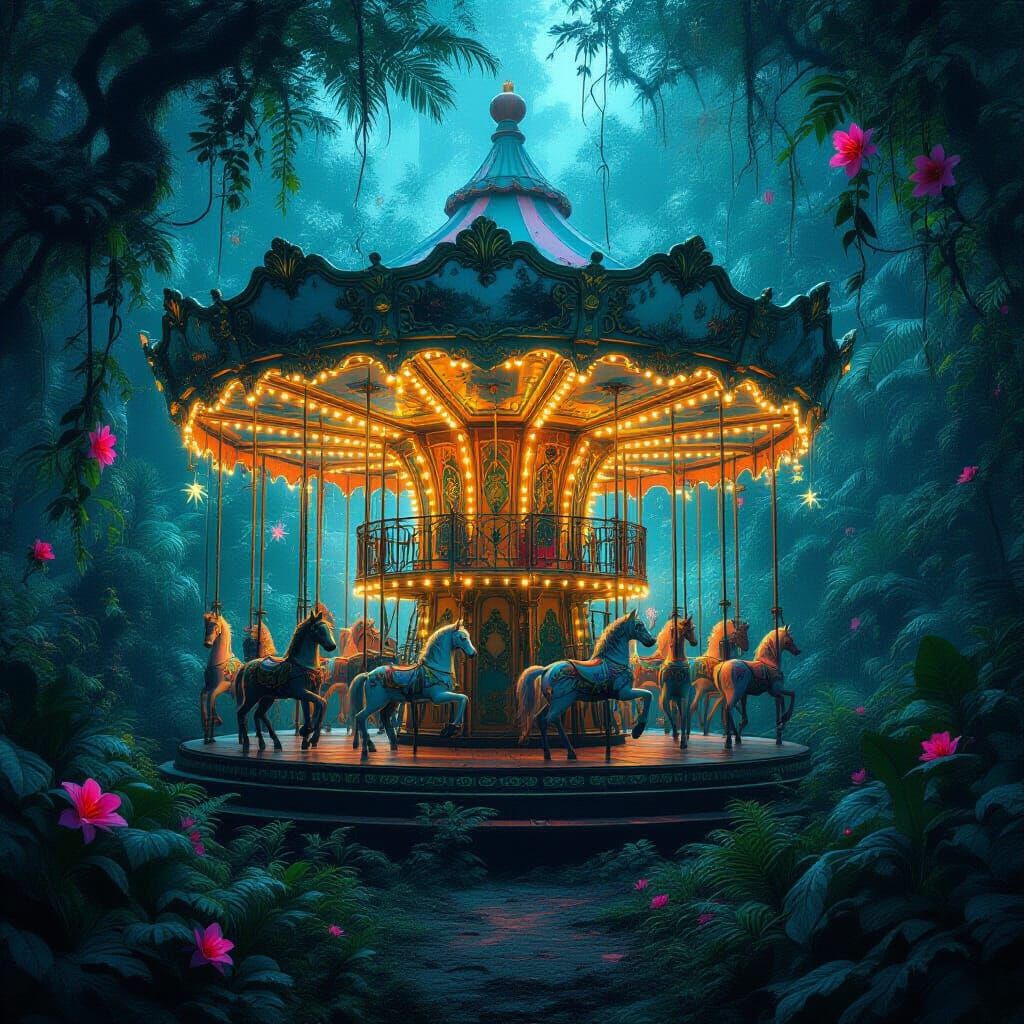 Forgotten Carousel in Bioluminescent Jungle Digital Painting