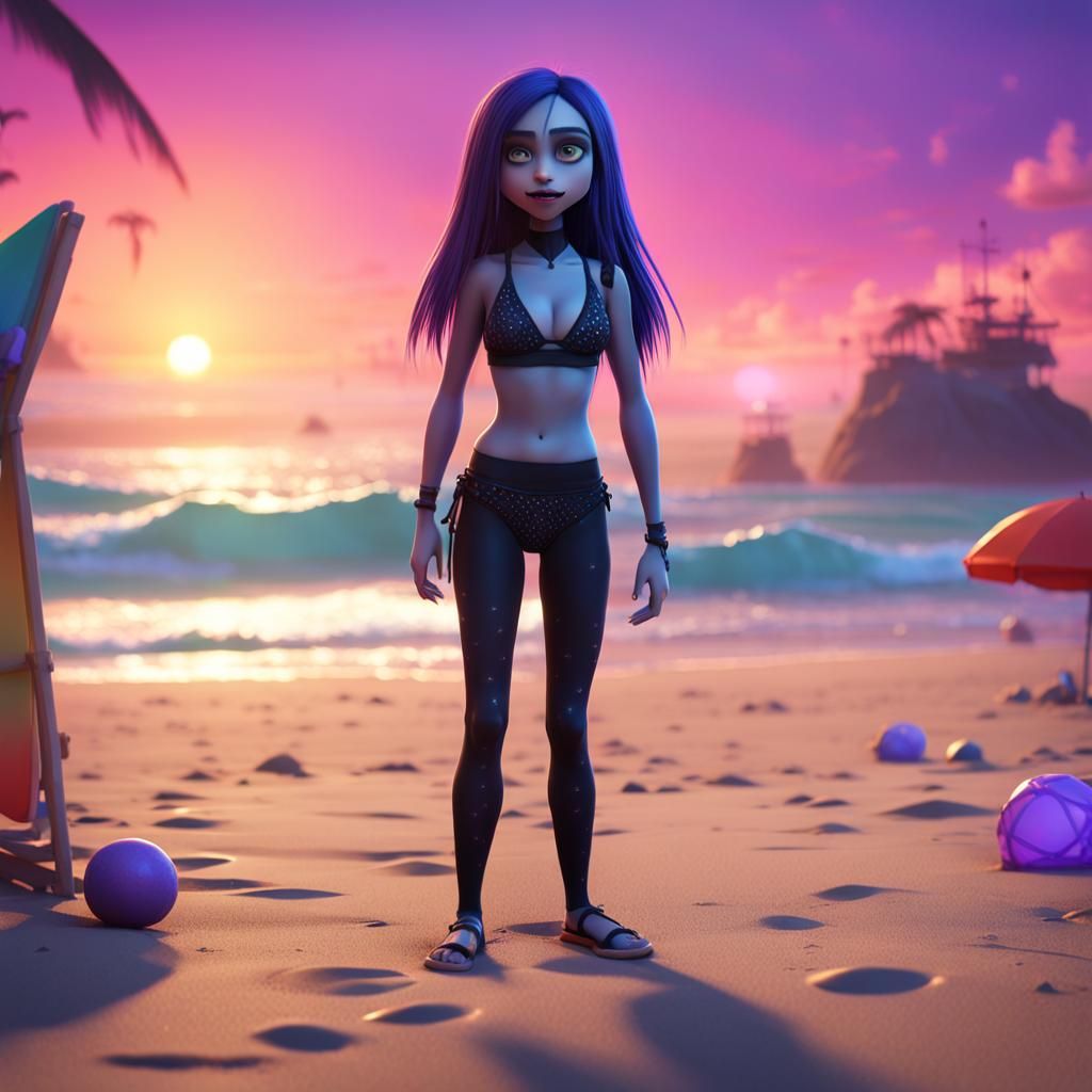 Goth Girl on Beach: Pixar-Style 3D Digital Art