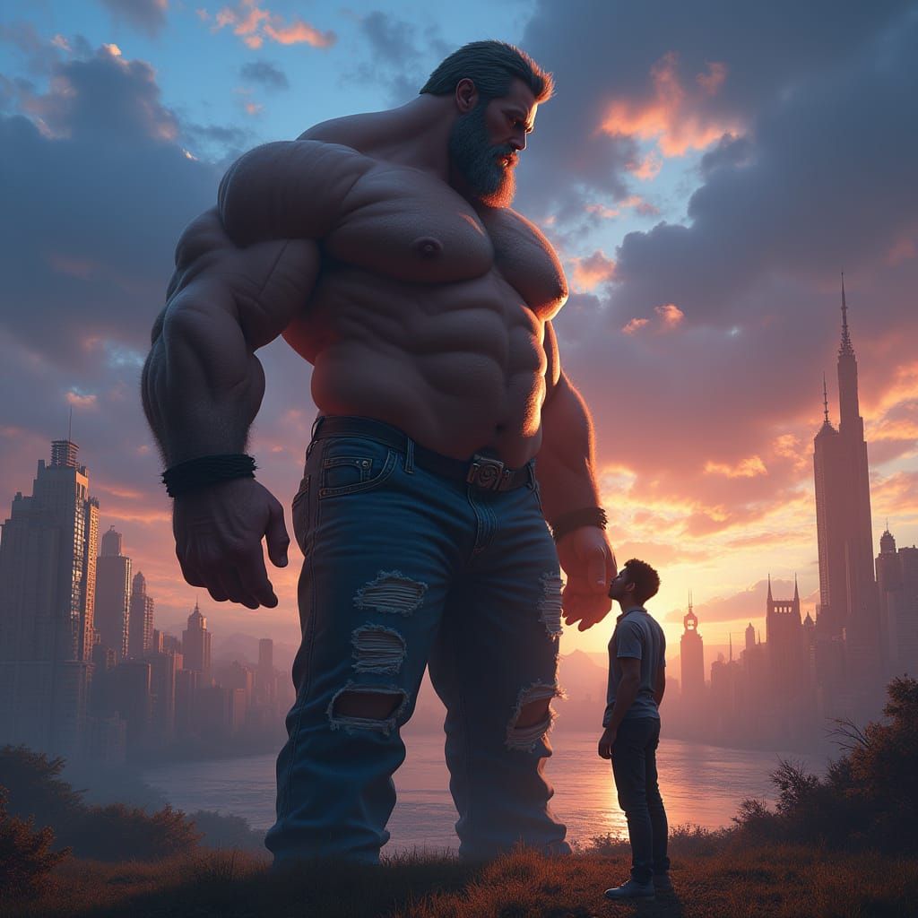 Heroic Giant in Dreamlike Cityscape