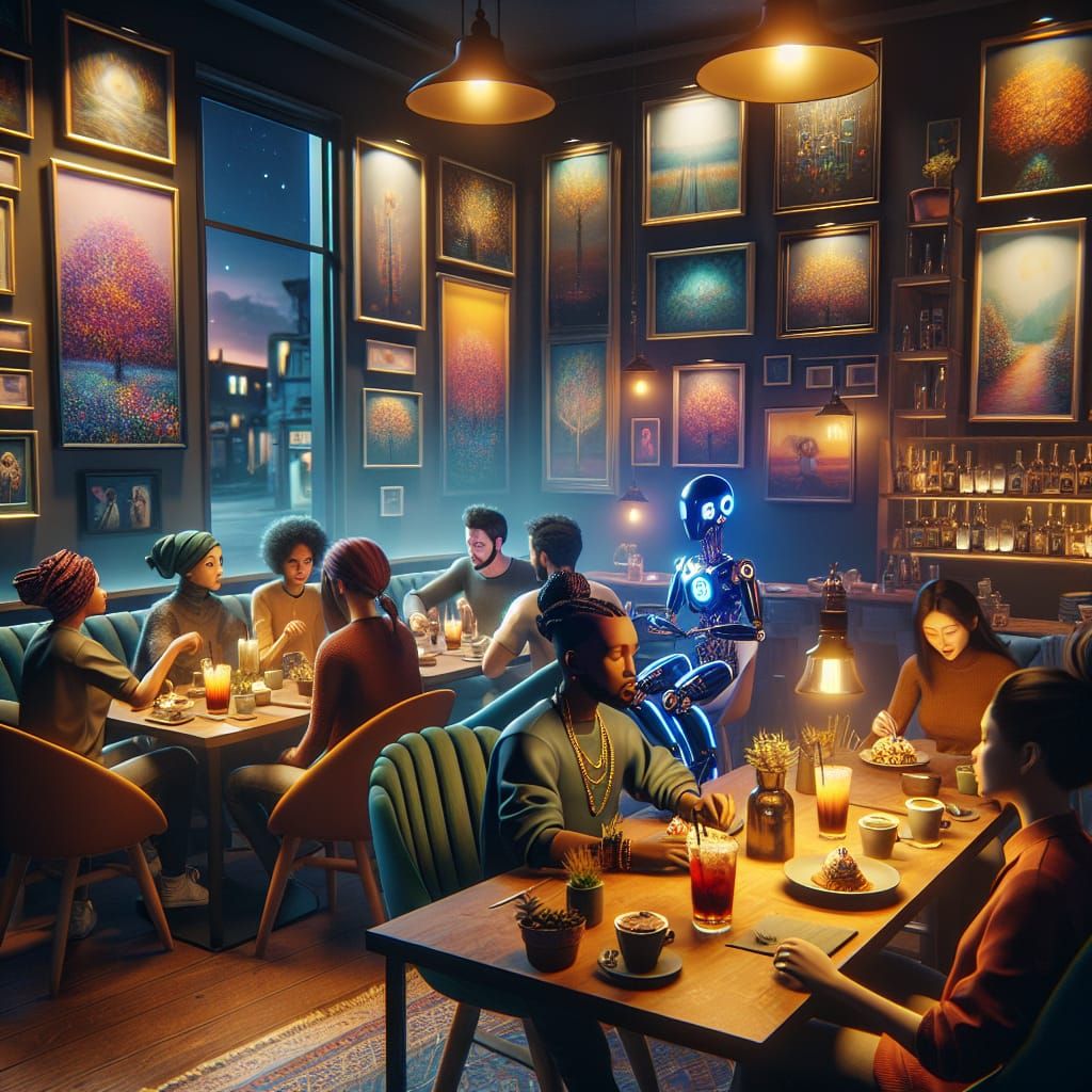 Whimsical Night Cafe Scene with Lively Friends and Futuristi...