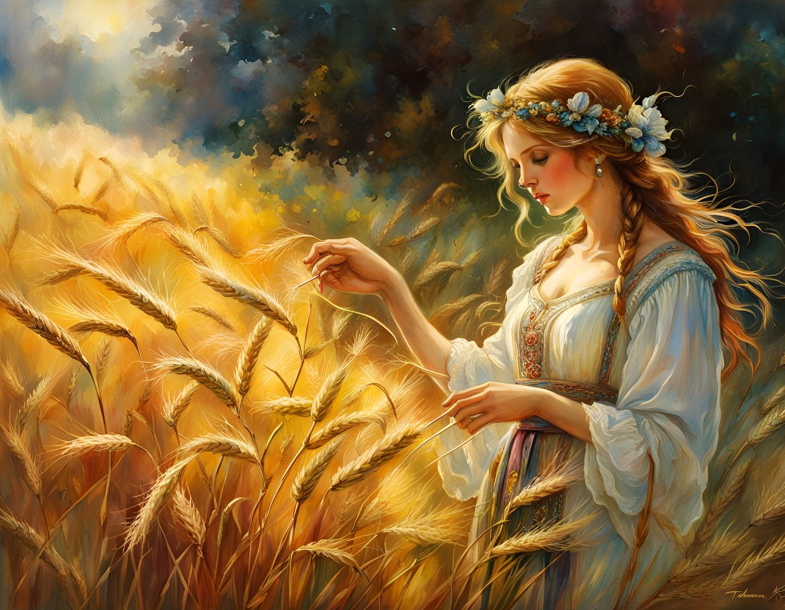 Golden Wheat Field in Watercolor Style