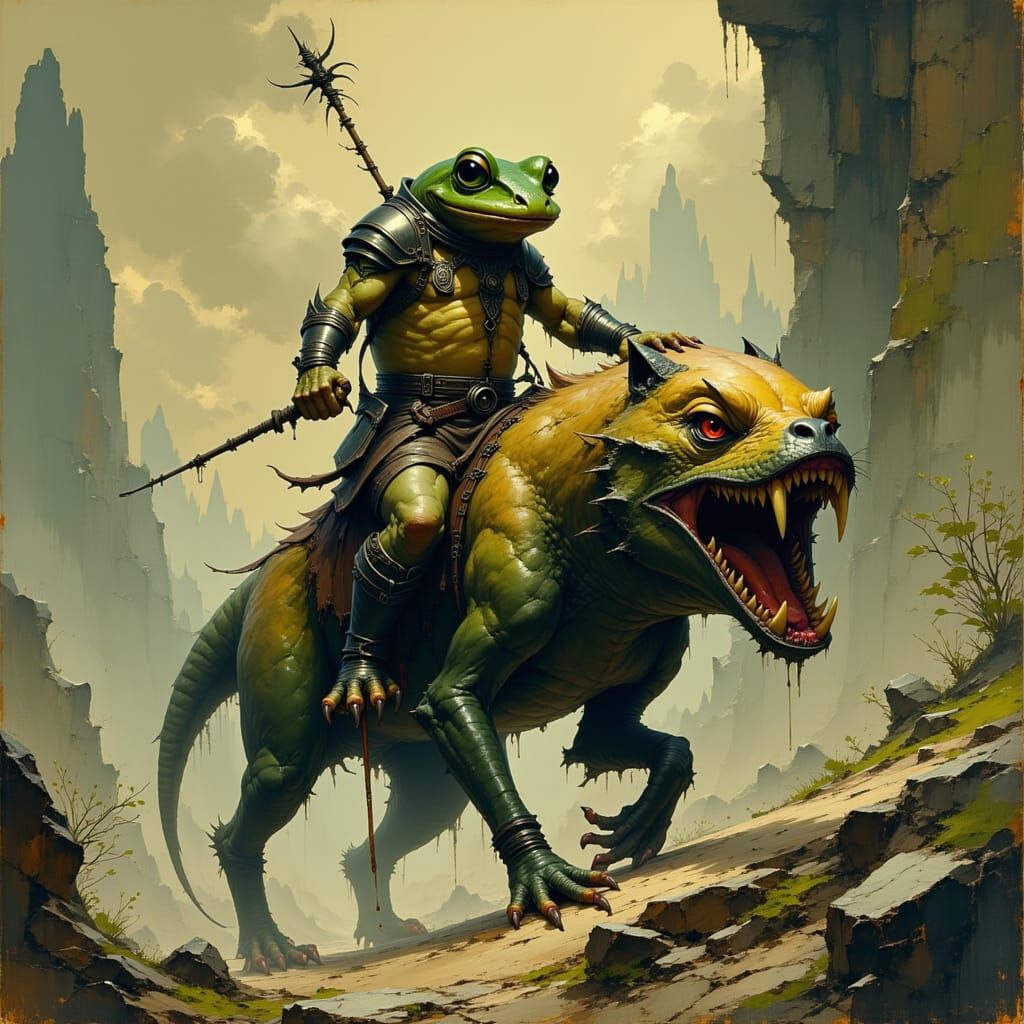 Frog-Goblin Rides Wolverine in Eerie Landscape