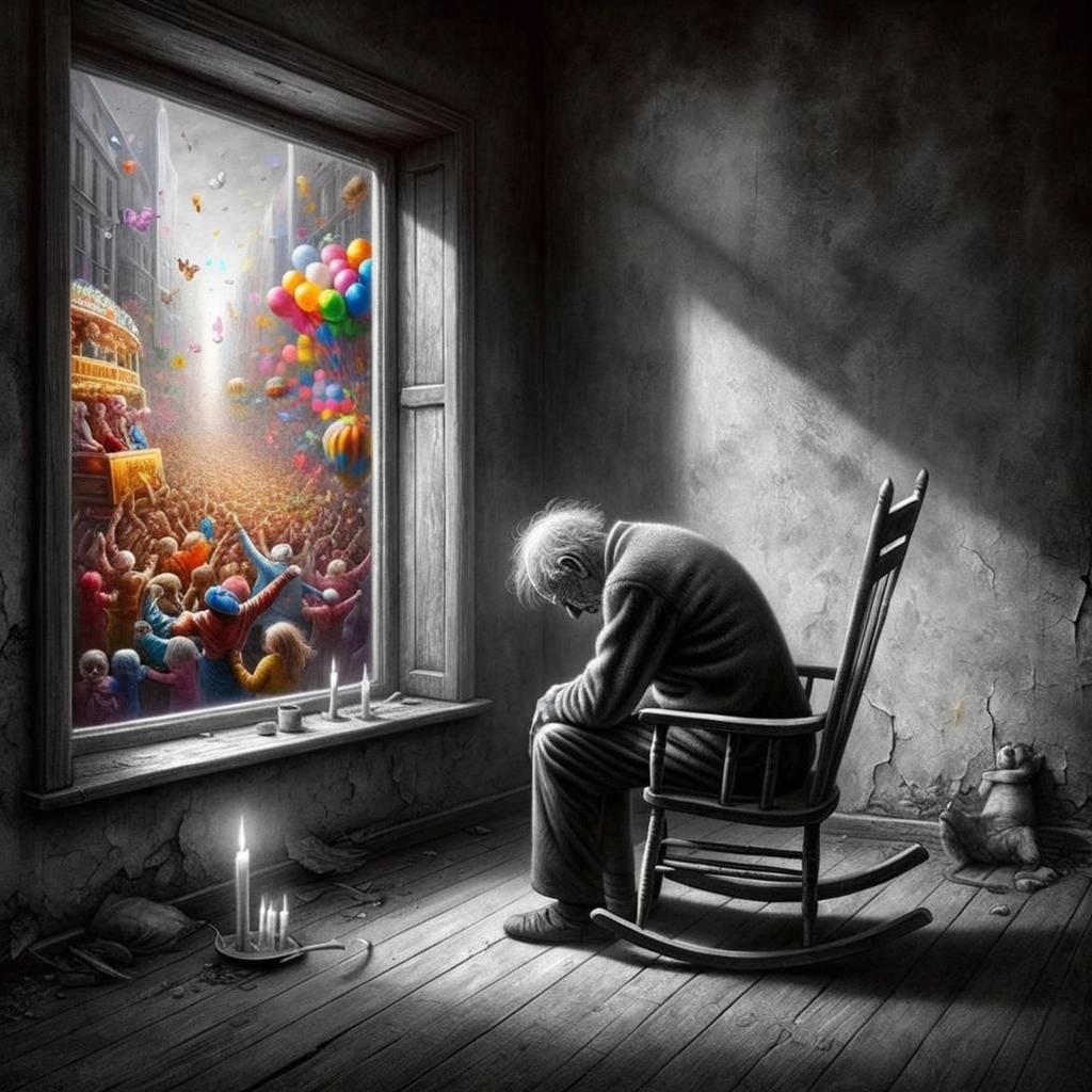 Monochromatic Solitude: Elderly Man and Vibrant Festival