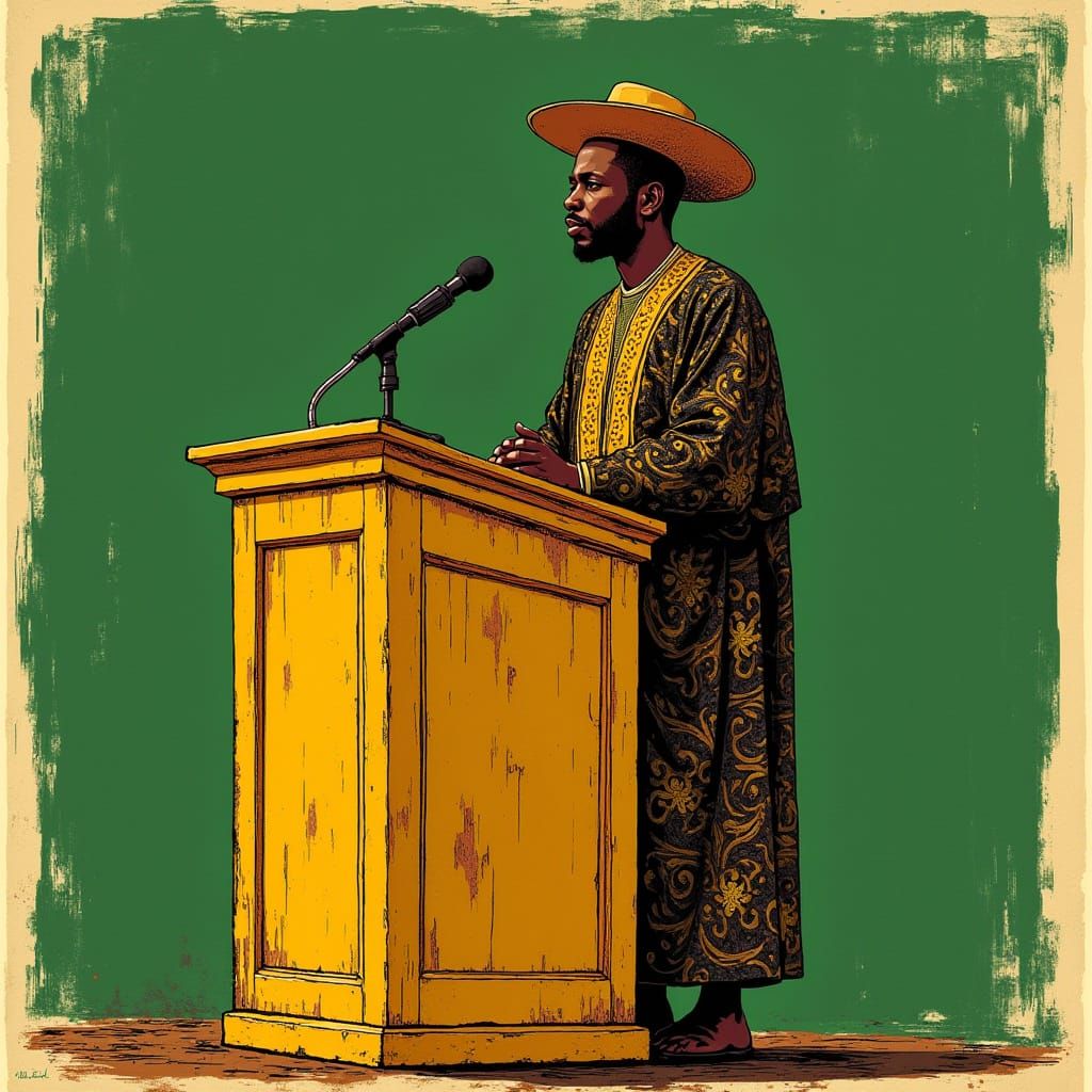 Dignified Speaker in Traditional West African Attire, Block ...