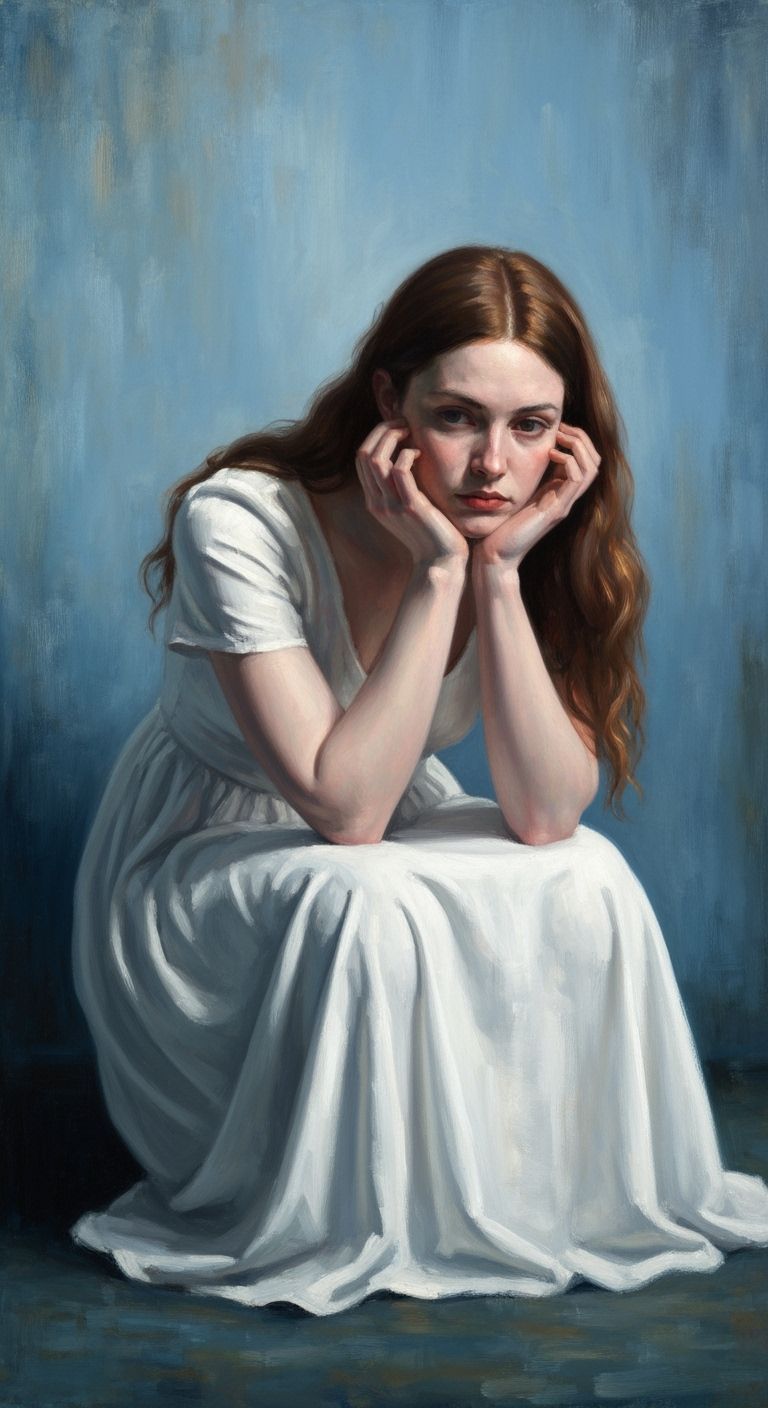 Sad Woman in White Dress: Moody Atmospheric Painting