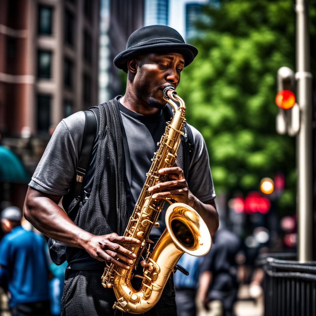 Saxophonist in Chicago: Hyperrealistic Cinematic Portrait