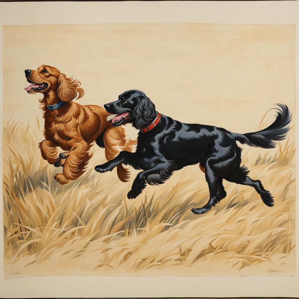 Cocker Spaniel and Pheasant in Colored Ink