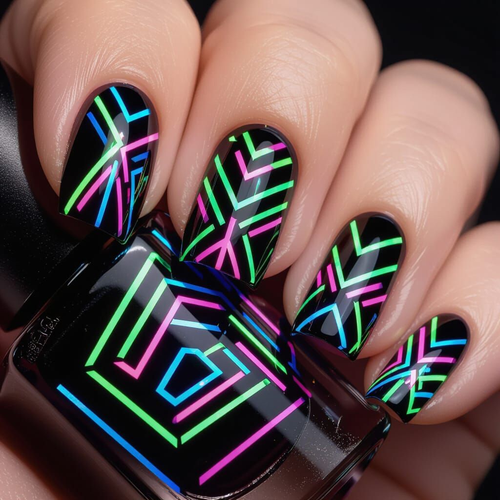 Futuristic Neon Geometric Nail Art Design