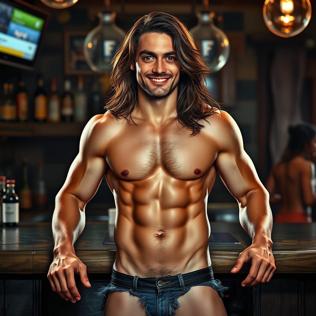 Muscular Man with Long Hair at Bar, Photorealistic