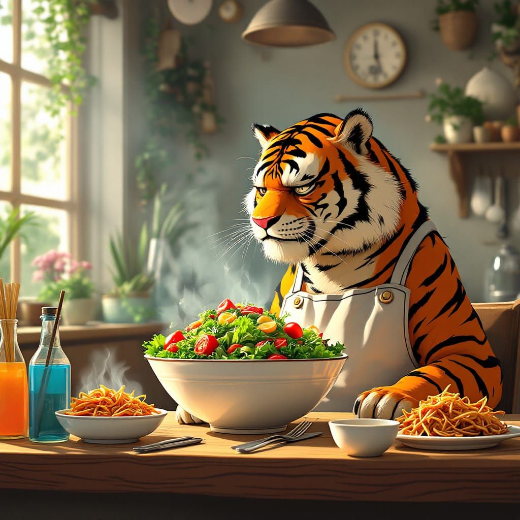 Sad Tiger Gloomily Eats Salad in Cozy Pixar Restaurant
